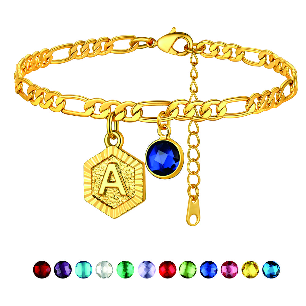 Personalized Figaro Chain Birthstone Initial Charm Anklet Bracelet for Women