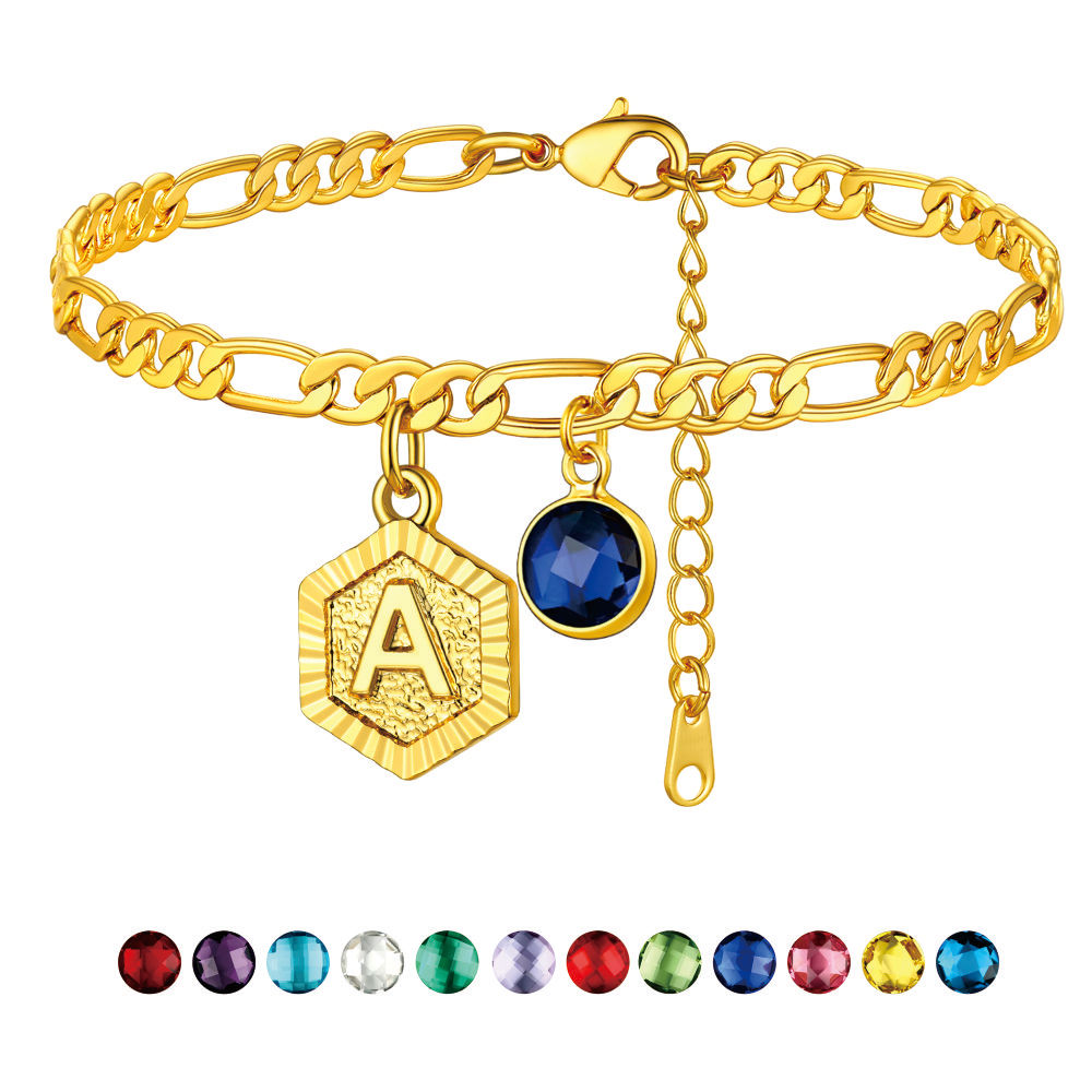 Personalized Figaro Chain Birthstone Initial Charm Anklet Bracelet for Women