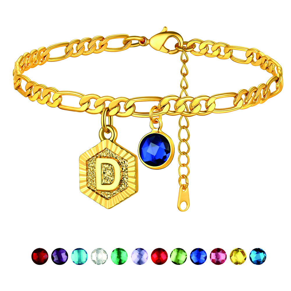Personalized Figaro Chain Birthstone Initial Charm Anklet Bracelet for Women