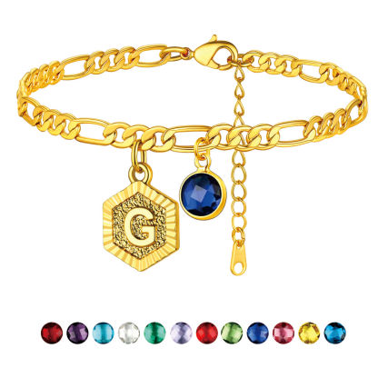 Personalized Figaro Chain Birthstone Initial Charm Anklet Bracelet for Women