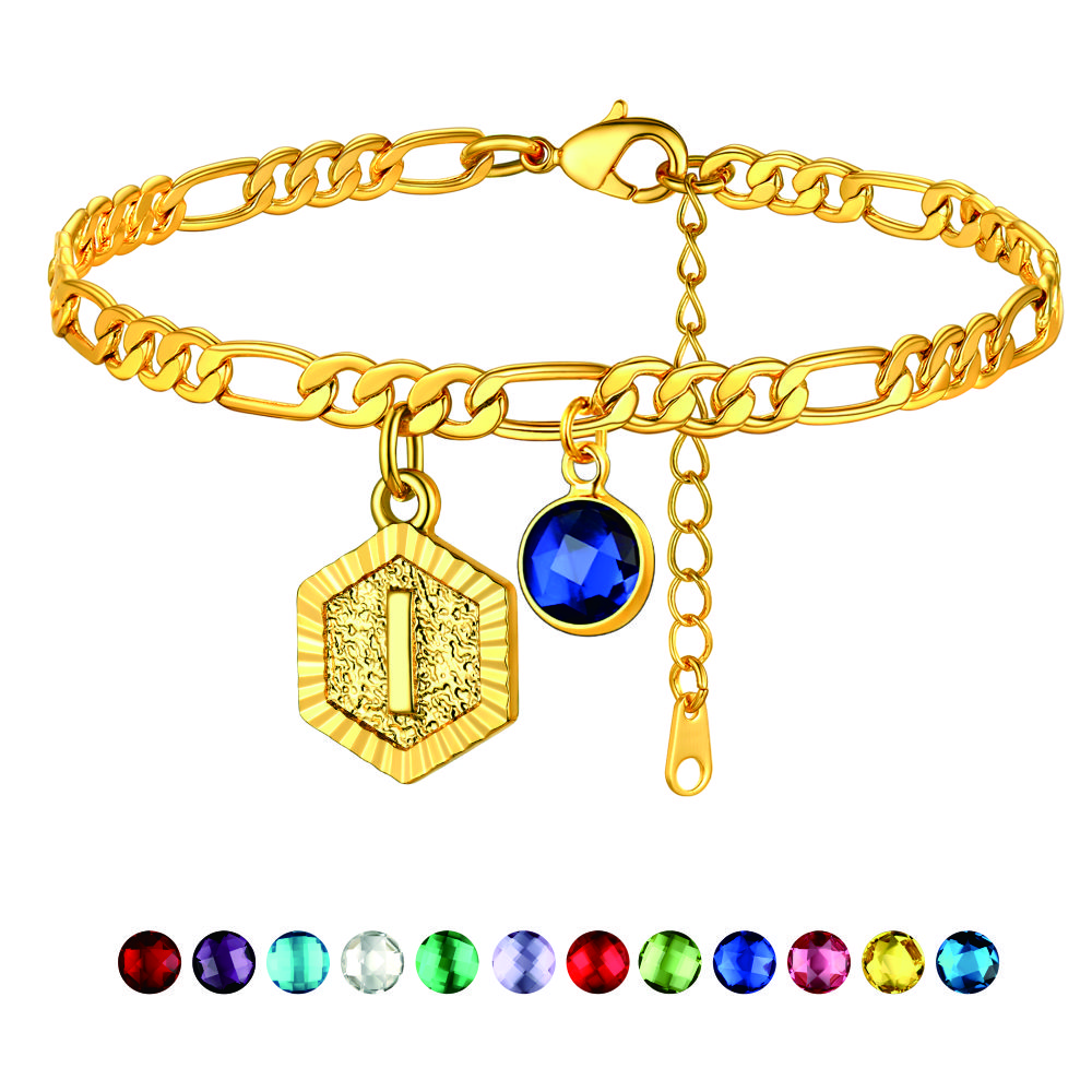 Personalized Figaro Chain Birthstone Initial Charm Anklet Bracelet for Women
