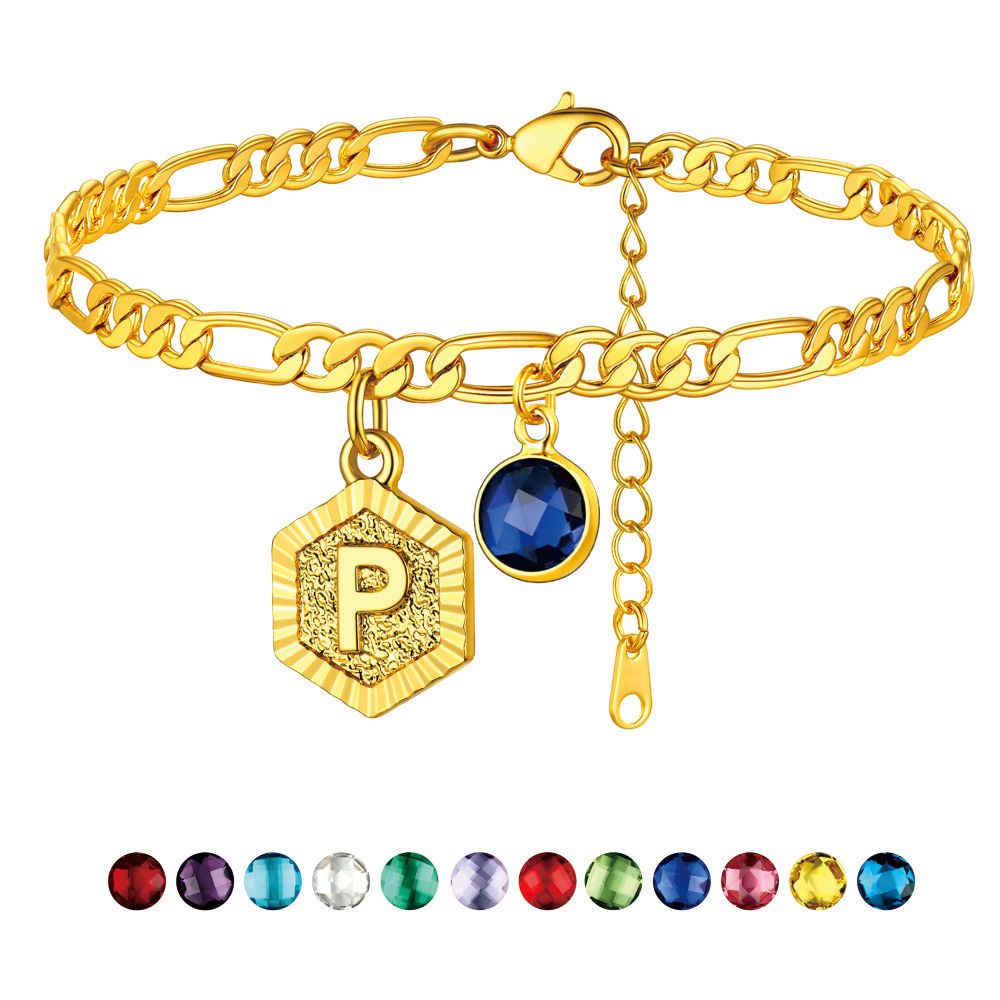 Personalized Figaro Chain Birthstone Initial Charm Anklet Bracelet for Women