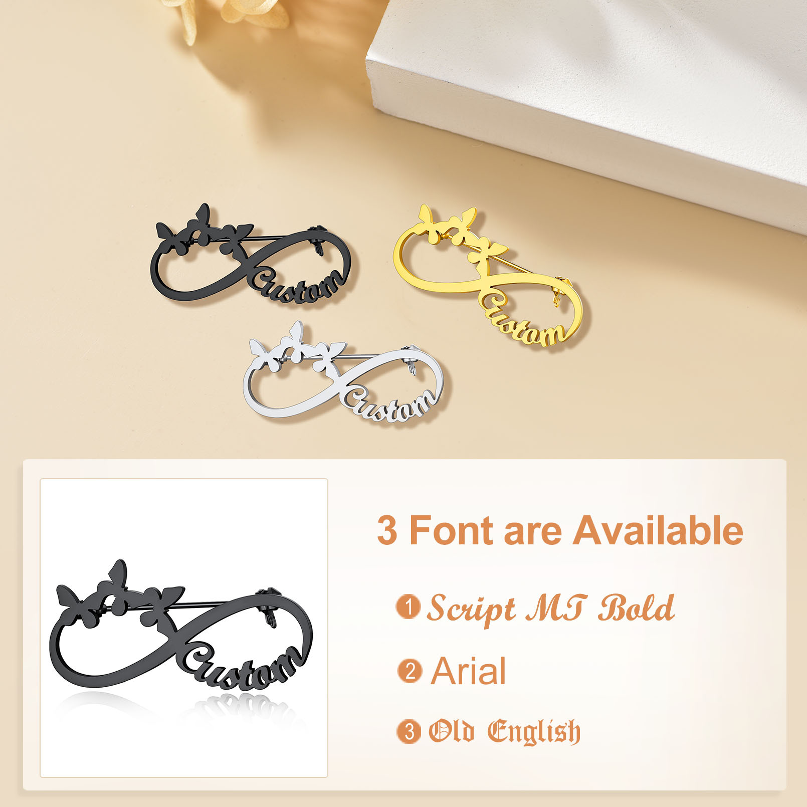 Custom Made Infinity Name Tag Pins for Women 3 fonts 
