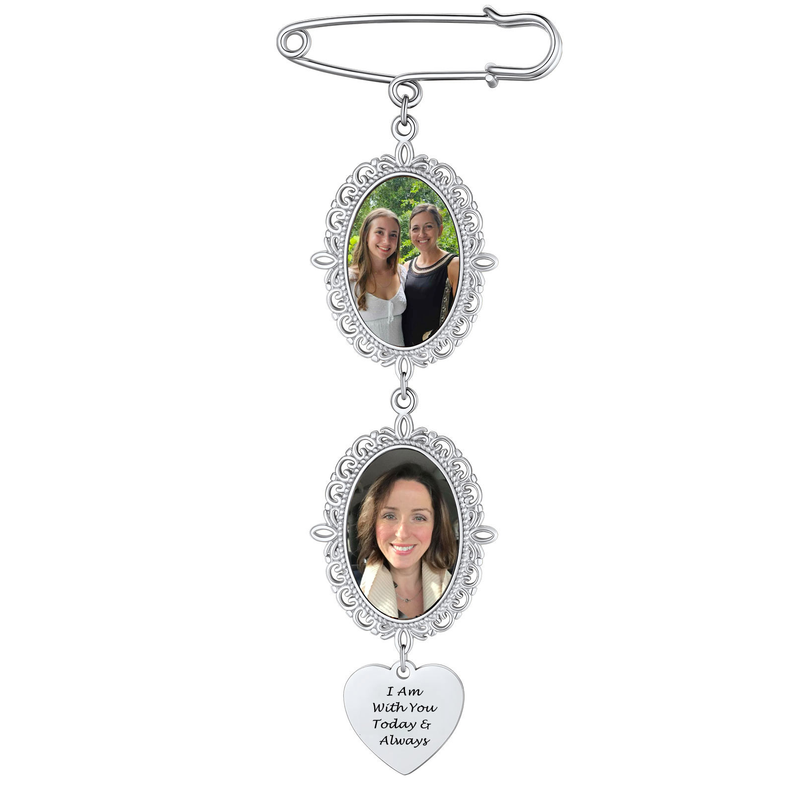Personalized Photo Brooch with Engravable Heart Charm for Wedding Bouquets