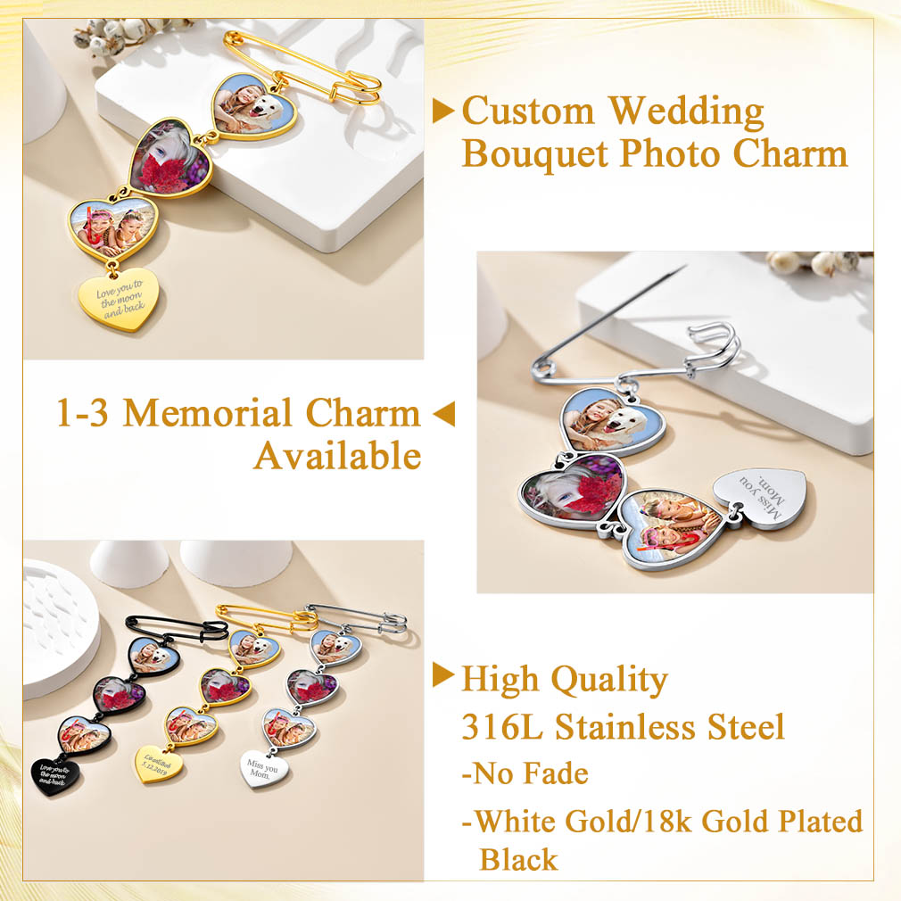 Wedding Bouquet Photo Charms Customized with 1-3 Pictures Memorial Pins detail