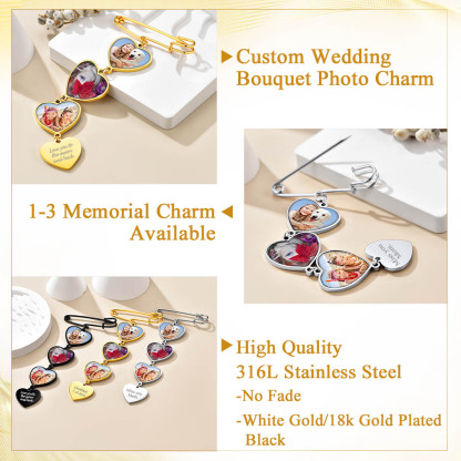 Wedding Bouquet Photo Charms Customized with 1-3 Pictures Memorial Pins detail