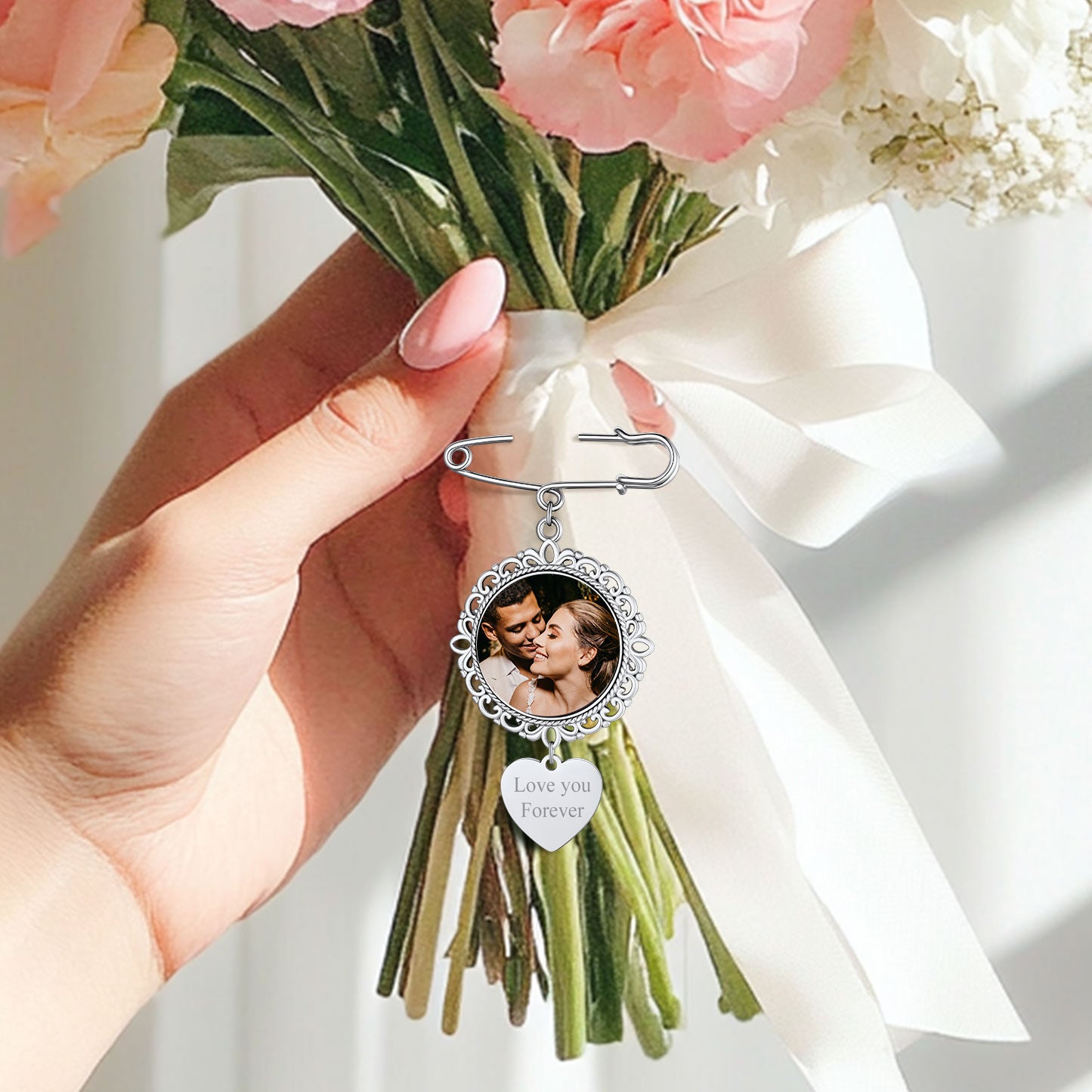 Custom Photo  Round Wedding Bouquet Brooch Pins