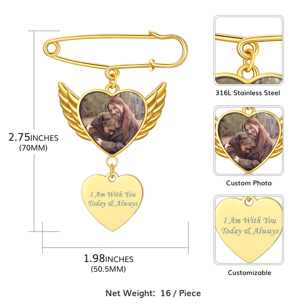 Custom Angel Wing Wedding Bouquet Photo Brooch Pins