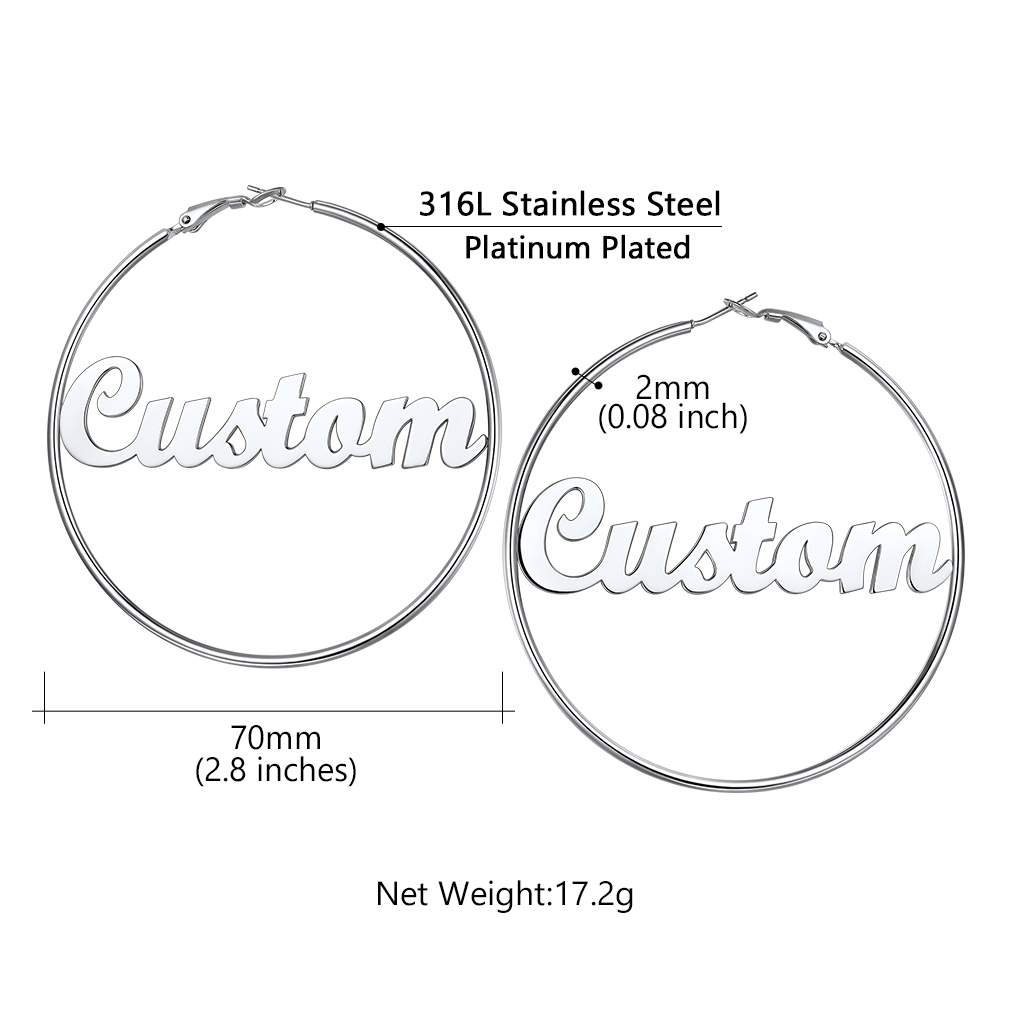 Personalized Name Lightweight Large Hoop Earrings 70mm size