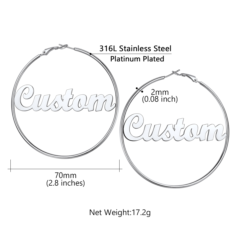 Personalized Name Lightweight Large Hoop Earrings 70mm size