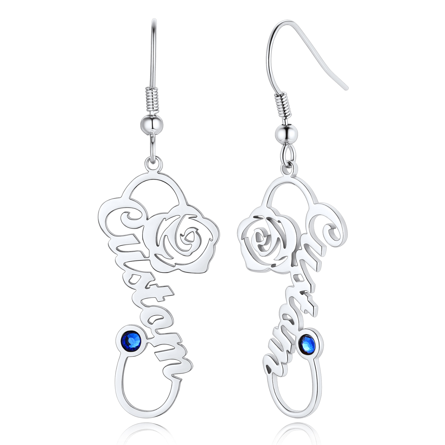 Personalized Birthstone Infinity Name Drop Earrings for Women silver