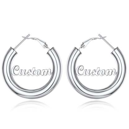 Custom4U Personalized 30MM Silver Color Engrave Name Hoop Earrings