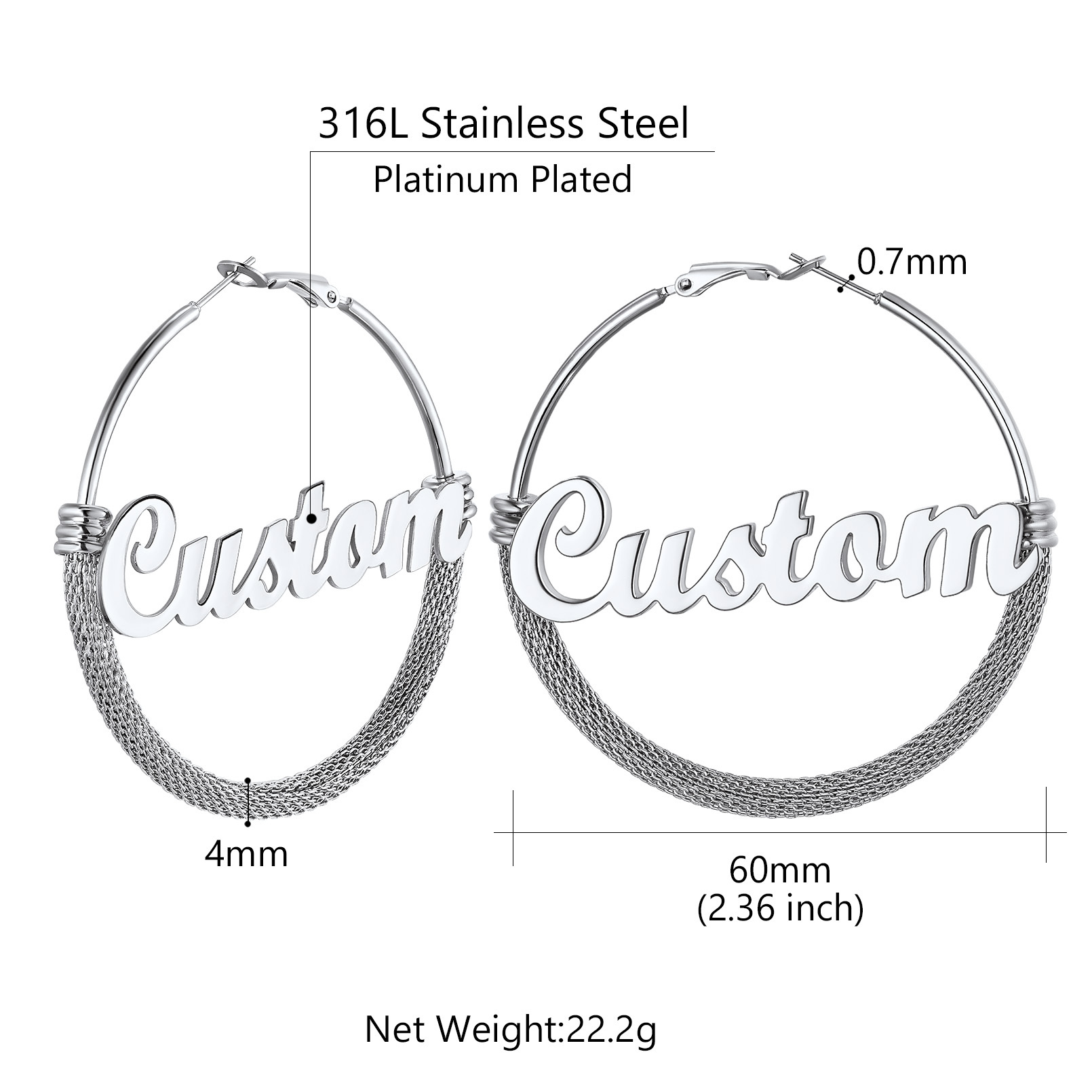 Custom Name Trendy Hoop Earrings for Women 60mm size