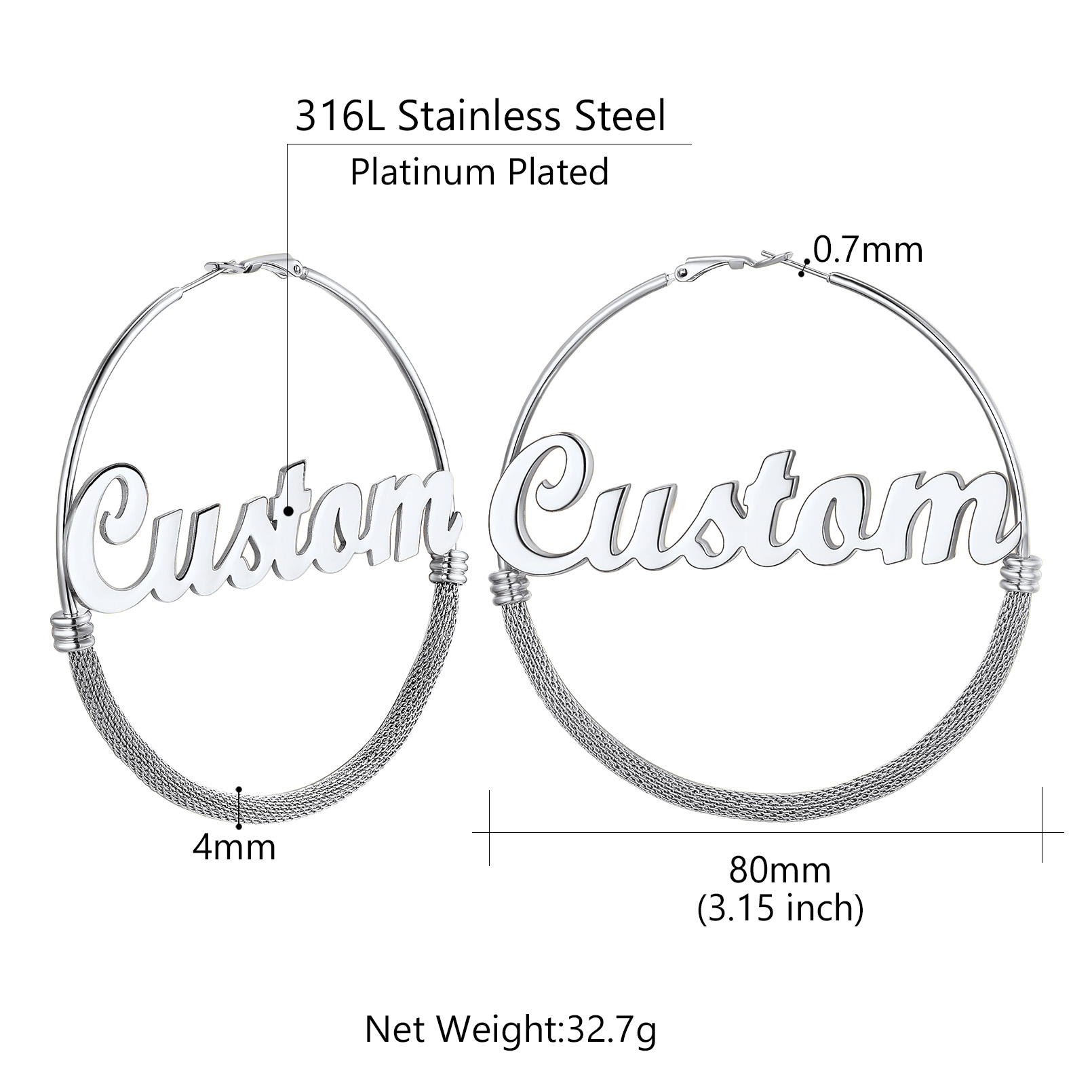 Custom Name Trendy Hoop Earrings for Women 80mm size