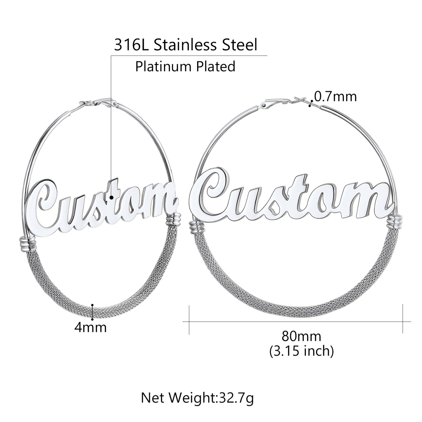 Custom Name Trendy Hoop Earrings for Women 80mm size