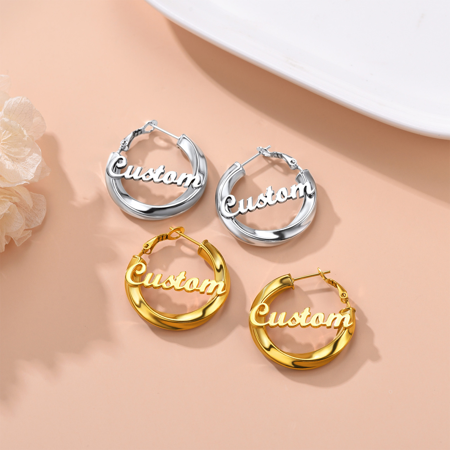 Stainless Steel Hoop Earrings Name Personalized for Women 30mm collection