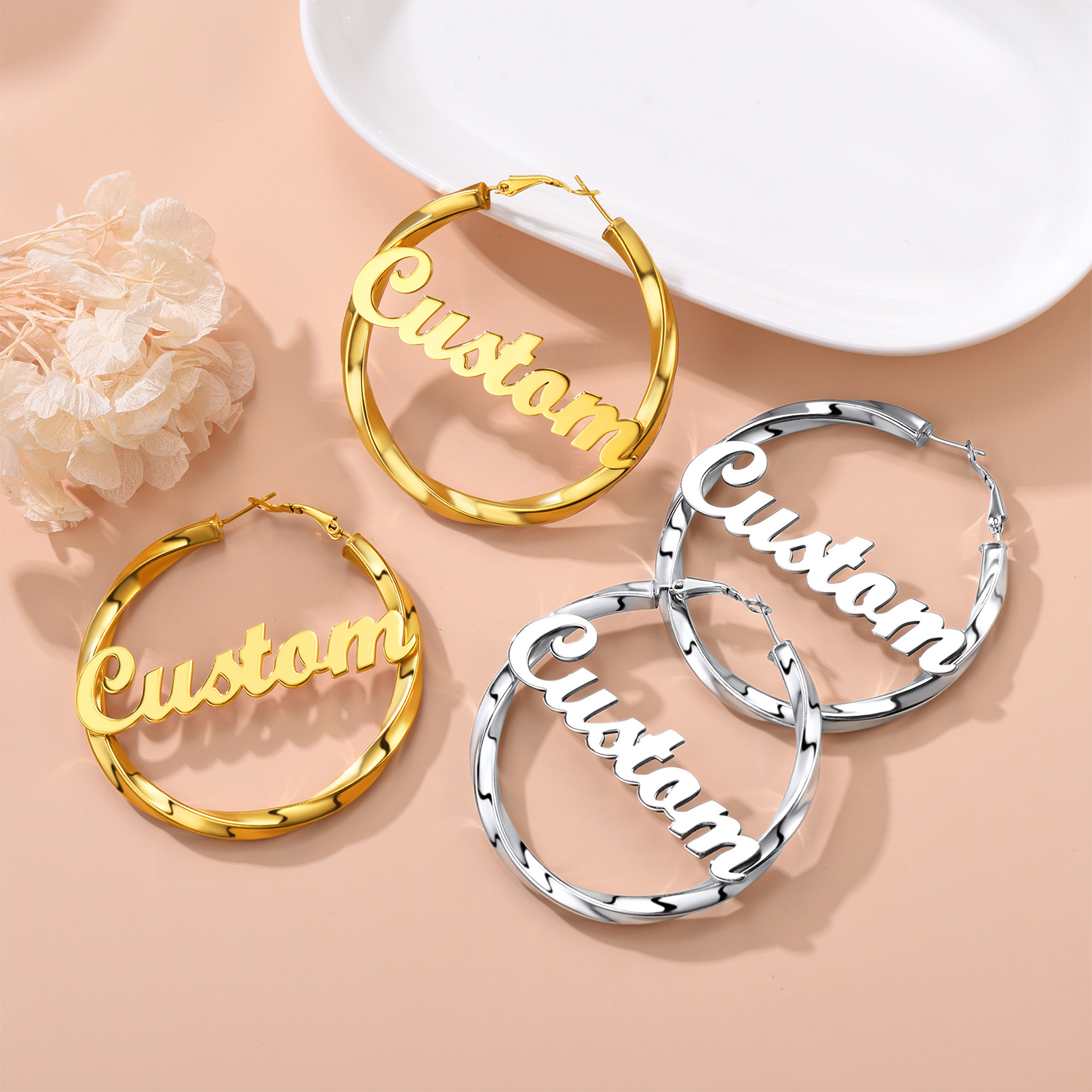 Stainless Steel Hoop Earrings Name Personalized for Women 60mm collection