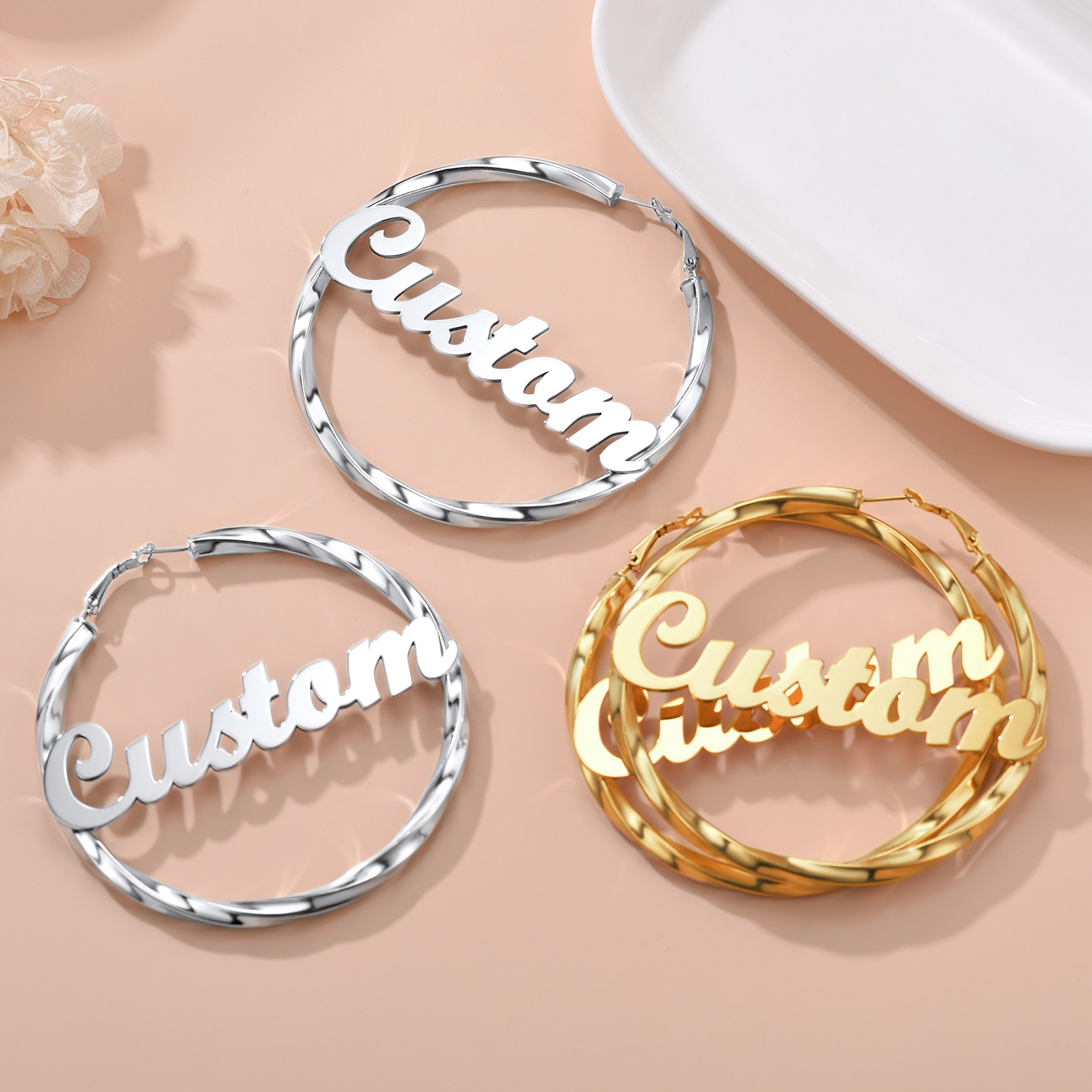 Stainless Steel Hoop Earrings Name Personalized for Women 80mm collection