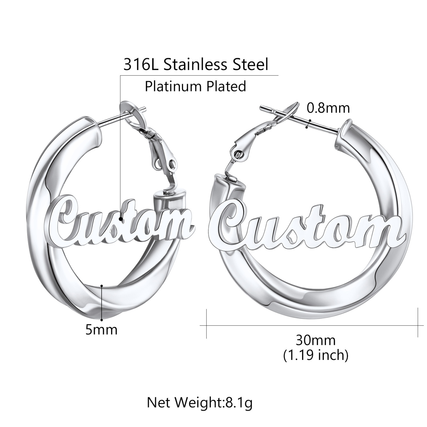 Stainless Steel Hoop Earrings Name Personalized for Women 30mm size