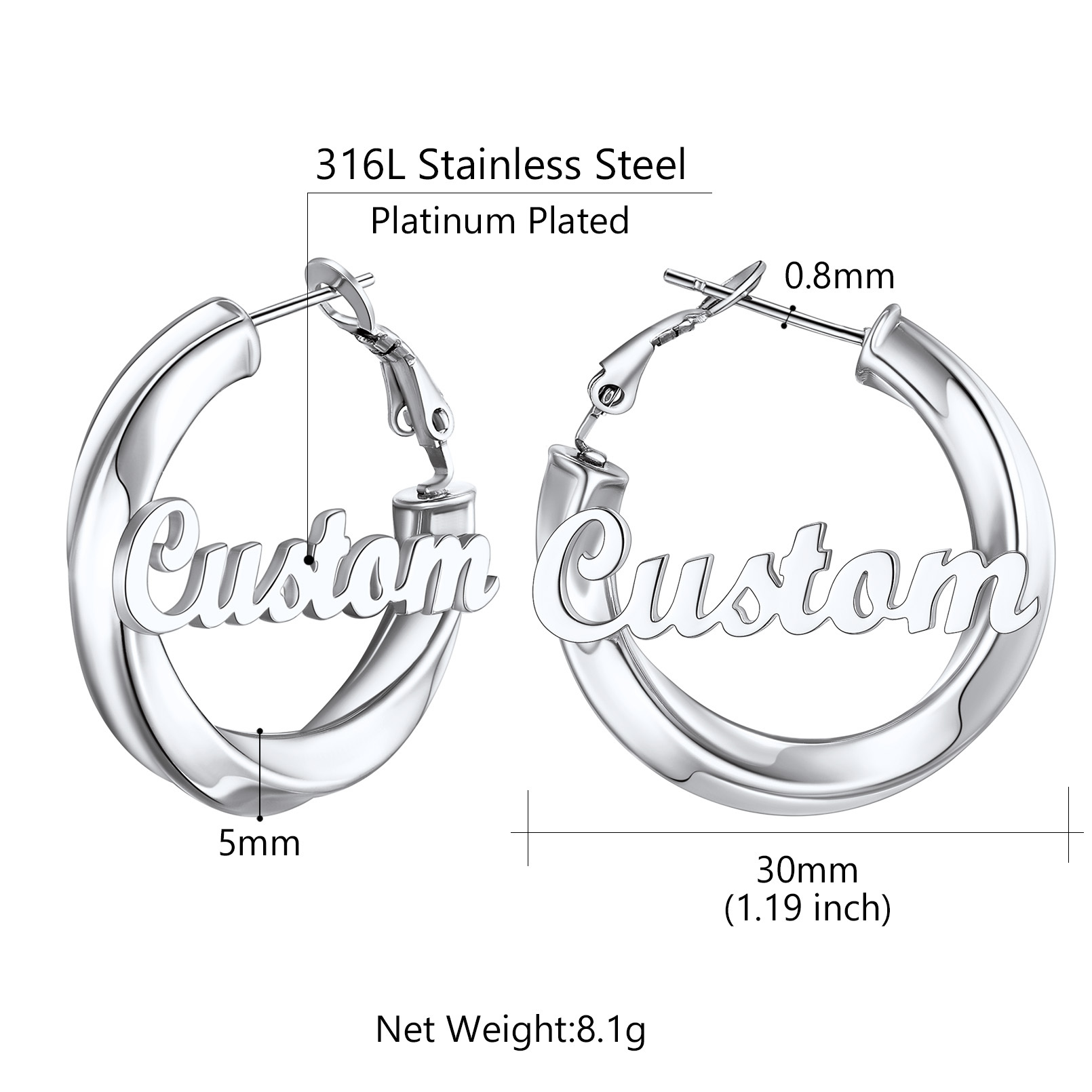 Stainless Steel Hoop Earrings Name Personalized for Women 30mm size