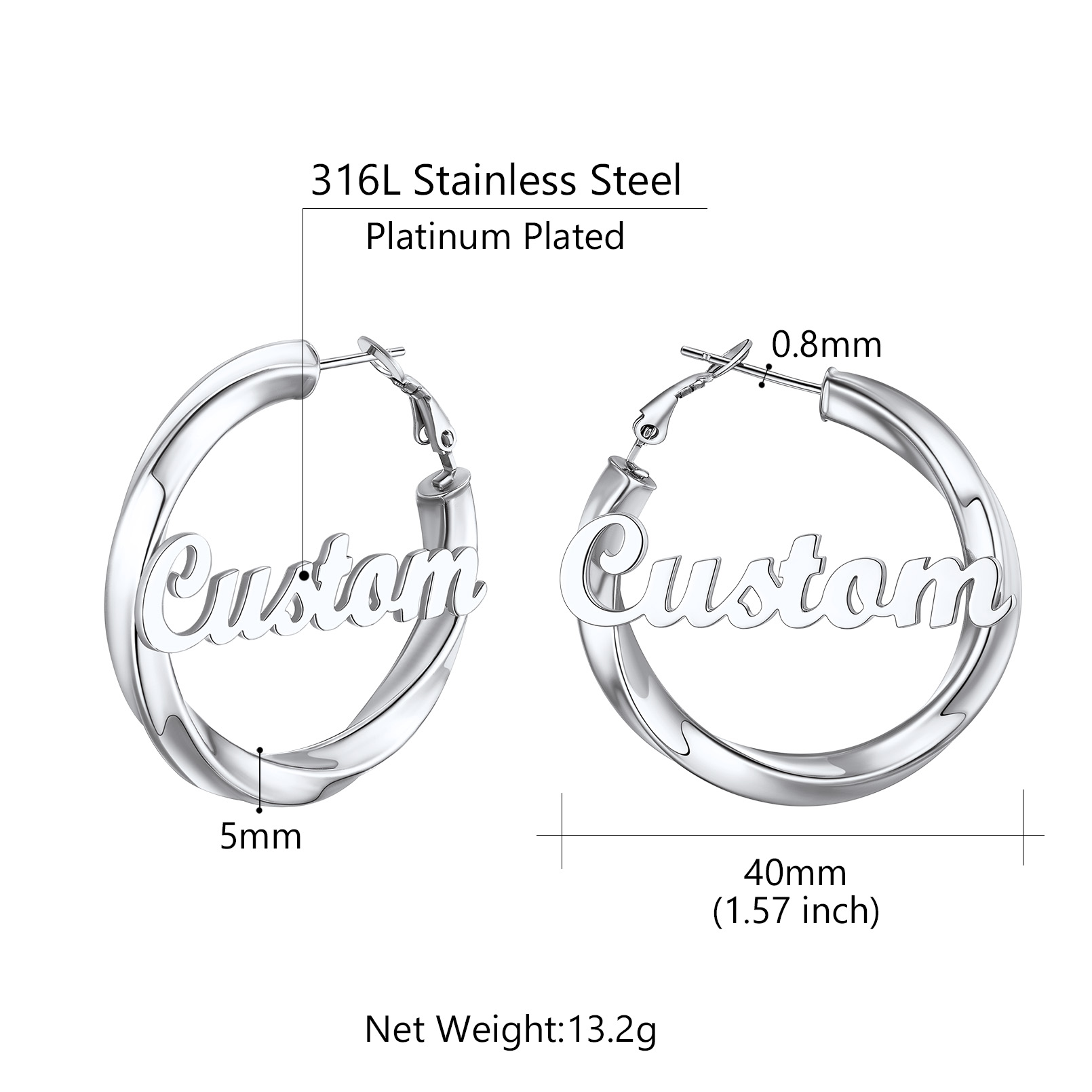 Stainless Steel Hoop Earrings Name Personalized for Women 40mm size