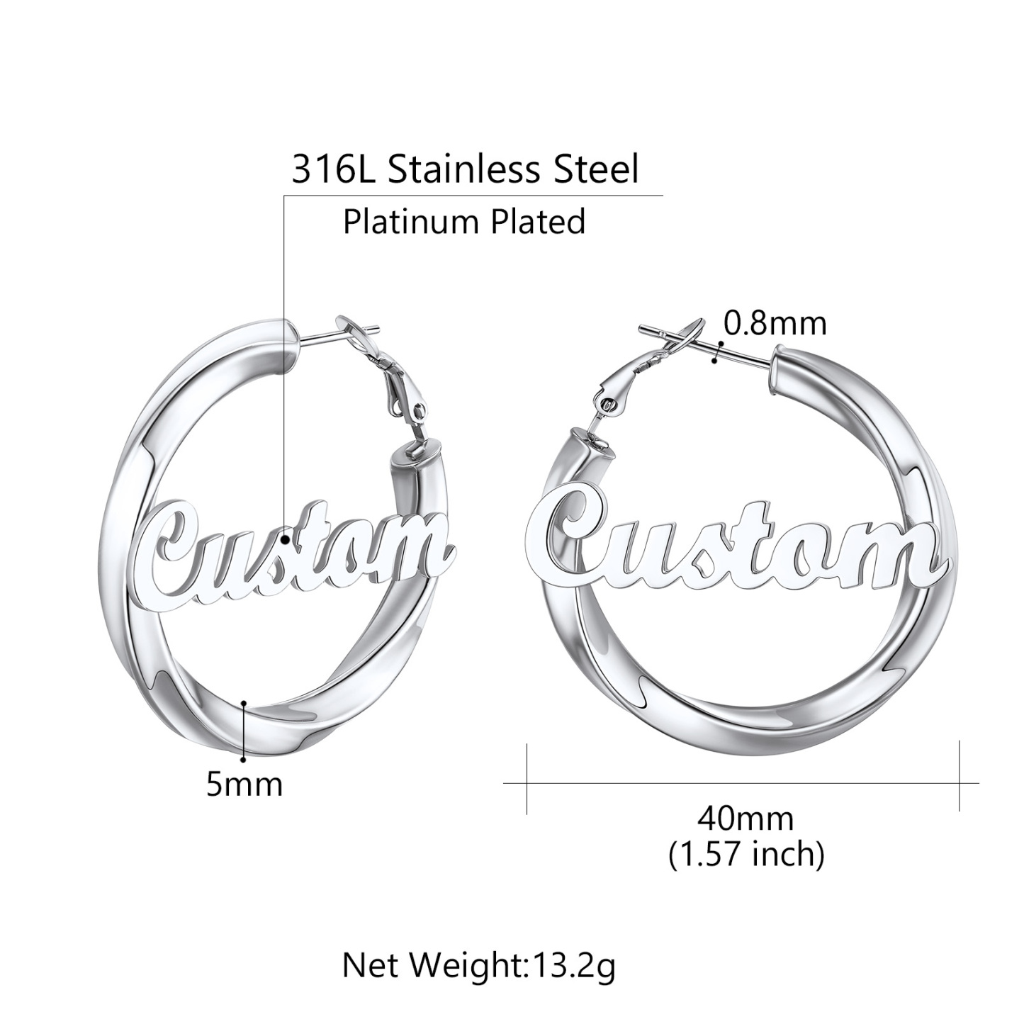 Stainless Steel Hoop Earrings Name Personalized for Women 40mm size