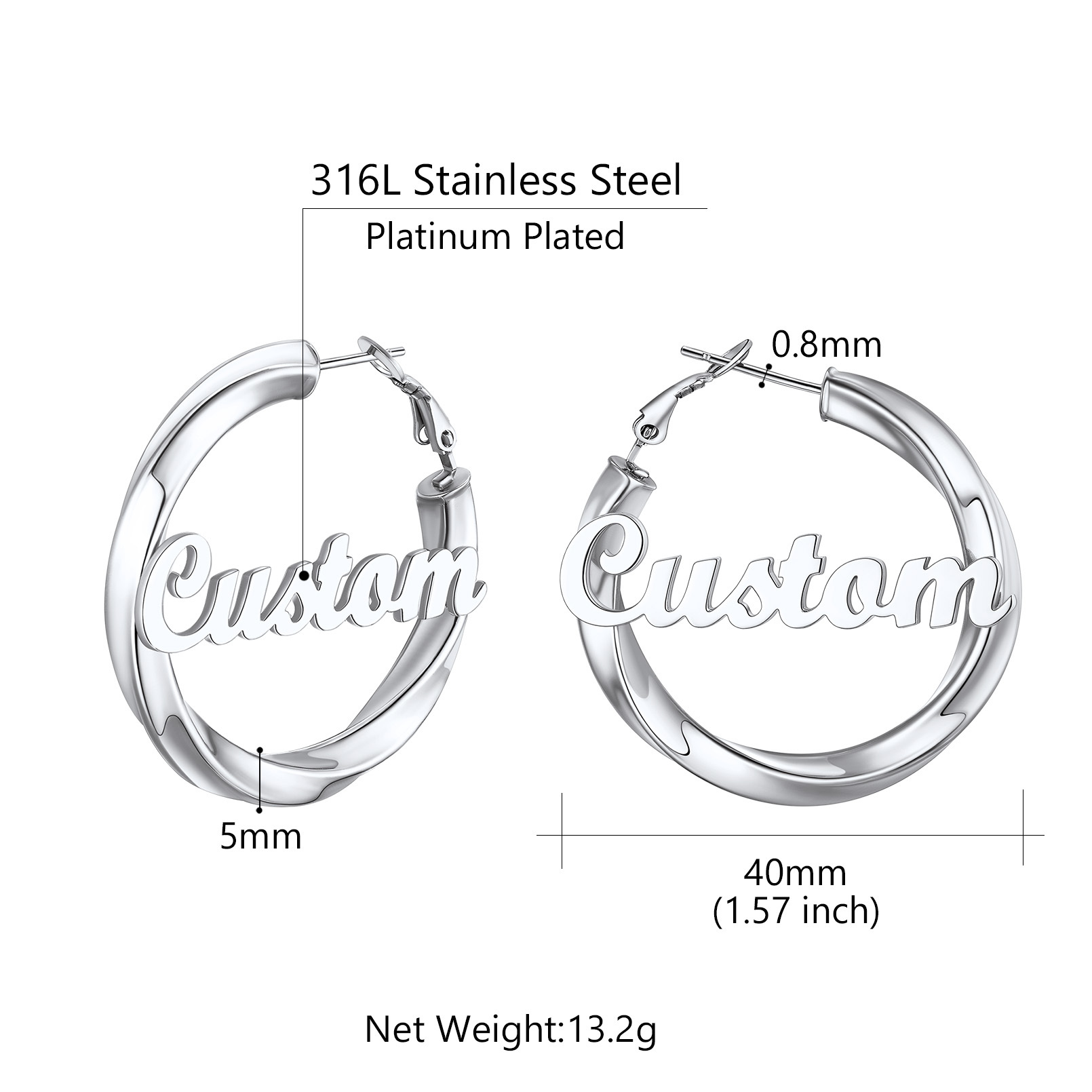 Stainless Steel Hoop Earrings Name Personalized for Women 40mm size