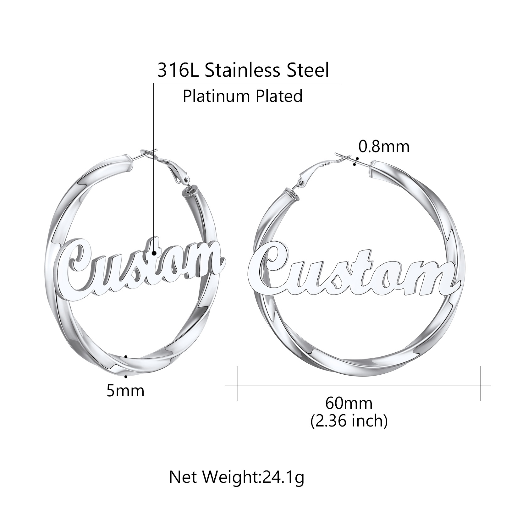 Stainless Steel Hoop Earrings Name Personalized for Women 60mm size