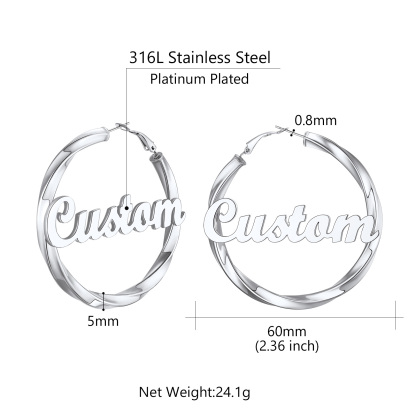 Stainless Steel Hoop Earrings Name Personalized for Women 60mm size