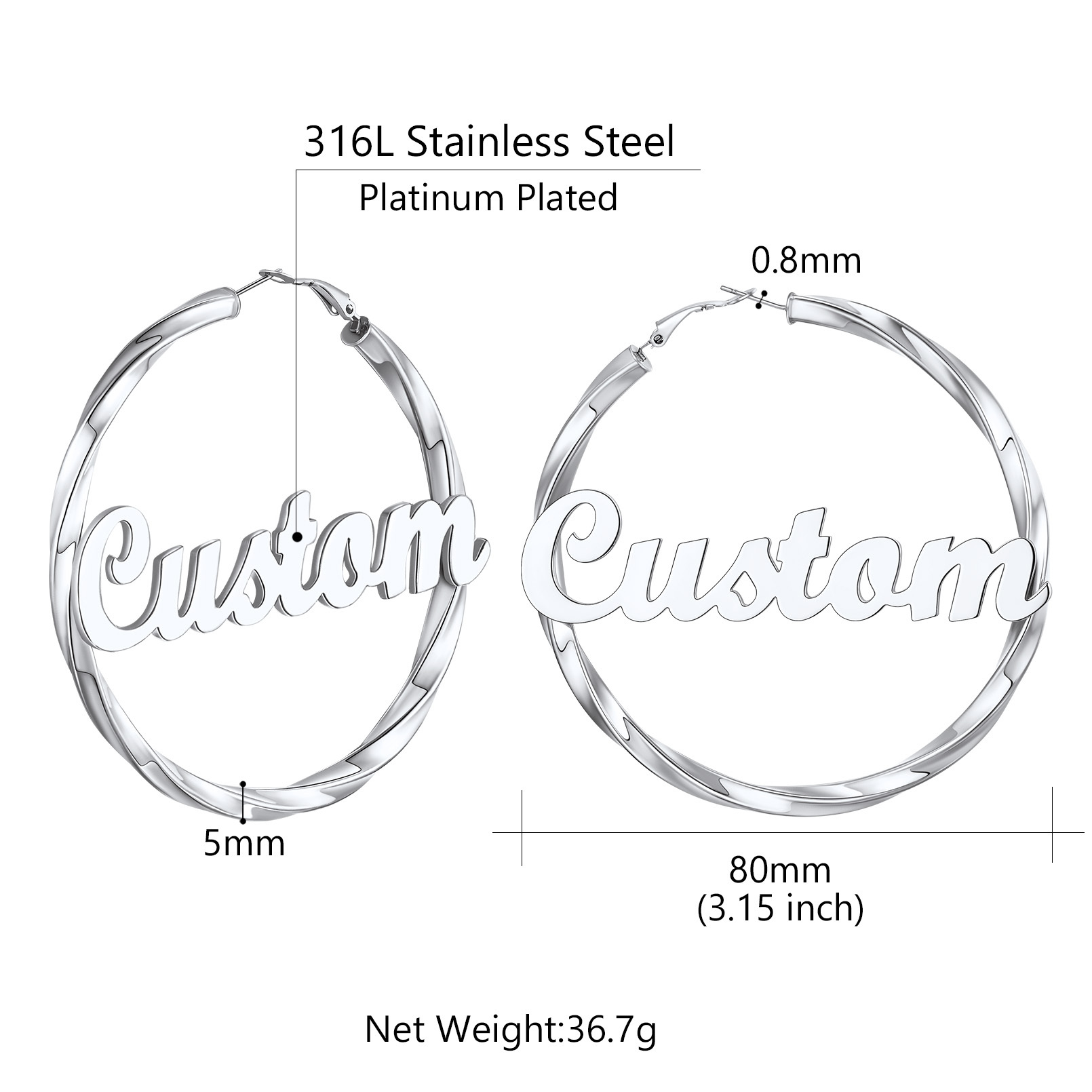 Stainless Steel Hoop Earrings Name Personalized for Women 80mm size