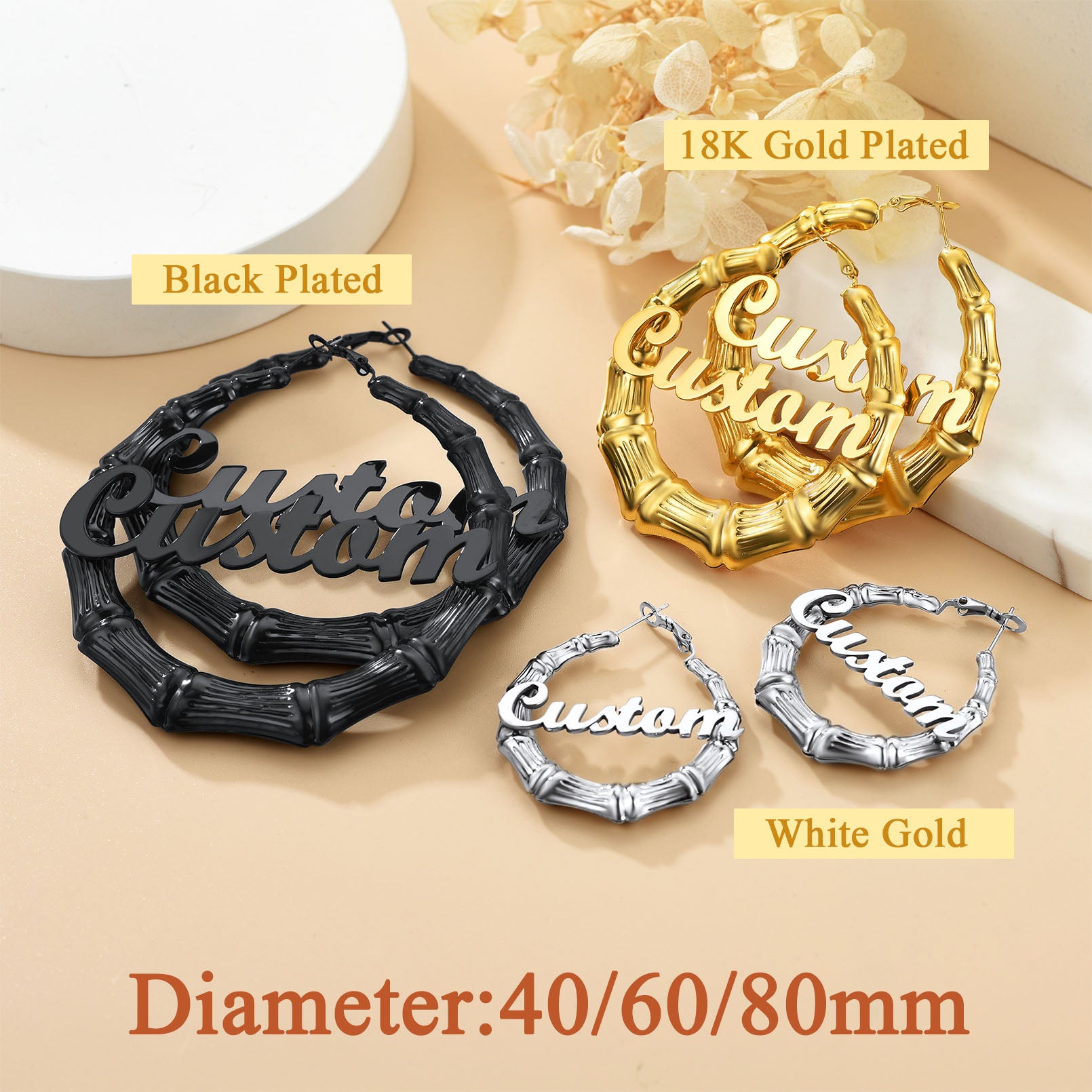 Custom4U Personalized Bamboo Hoop Earrings with Name