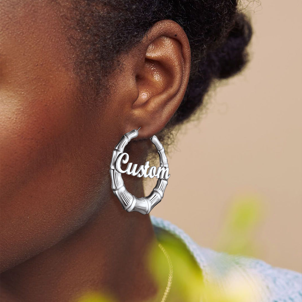 Custom4U Personalized Bamboo Hoop Earrings-Steel