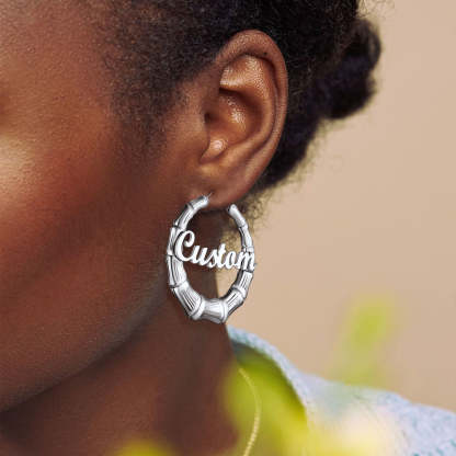Custom4U Personalized Bamboo Hoop Earrings-Steel