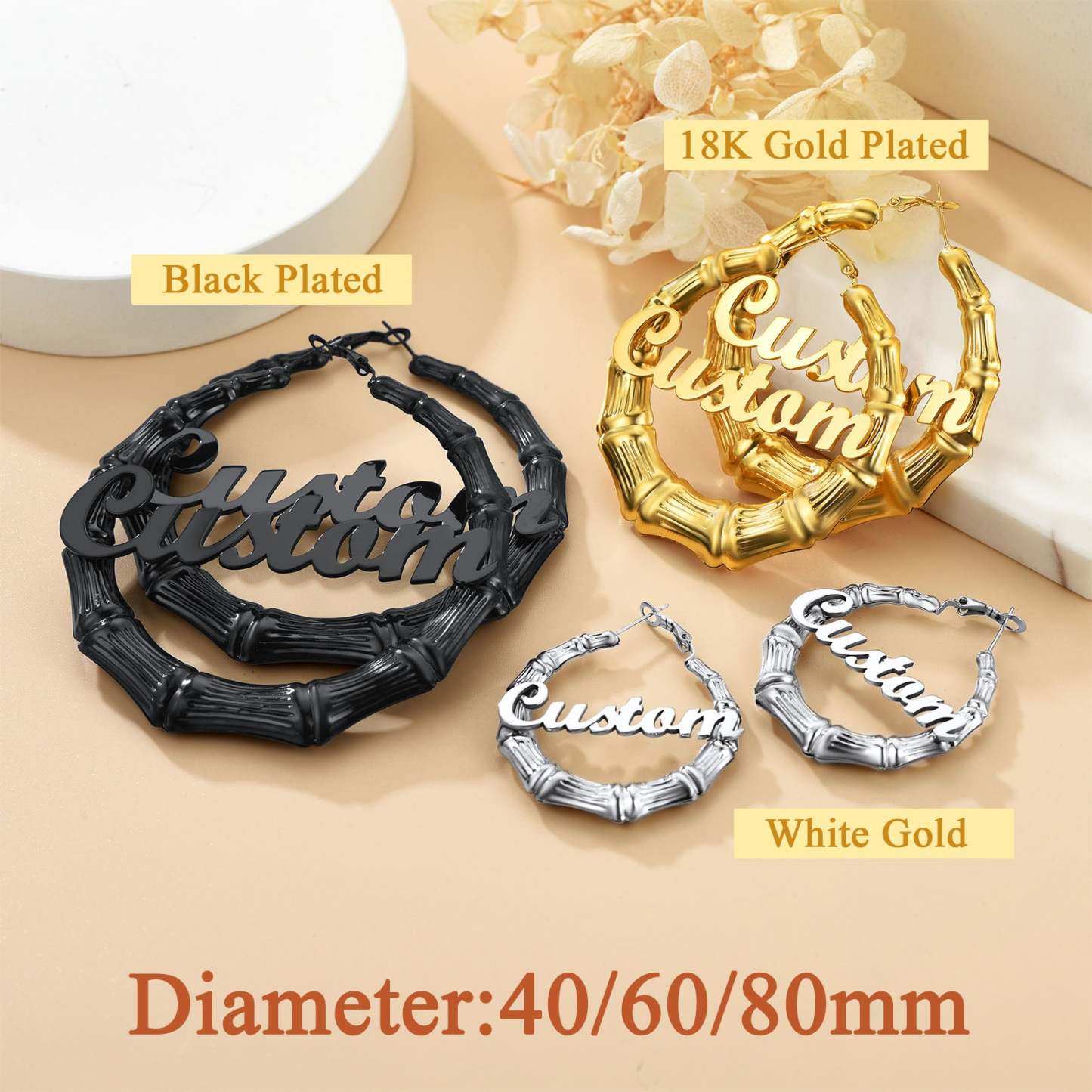 Custom4U Personalized Bamboo Hoop Earrings with Name