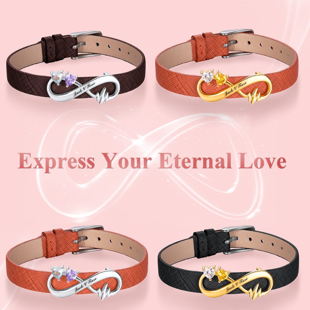 Custom Birthstone Engraved Infinity Leather Bracelet for Women