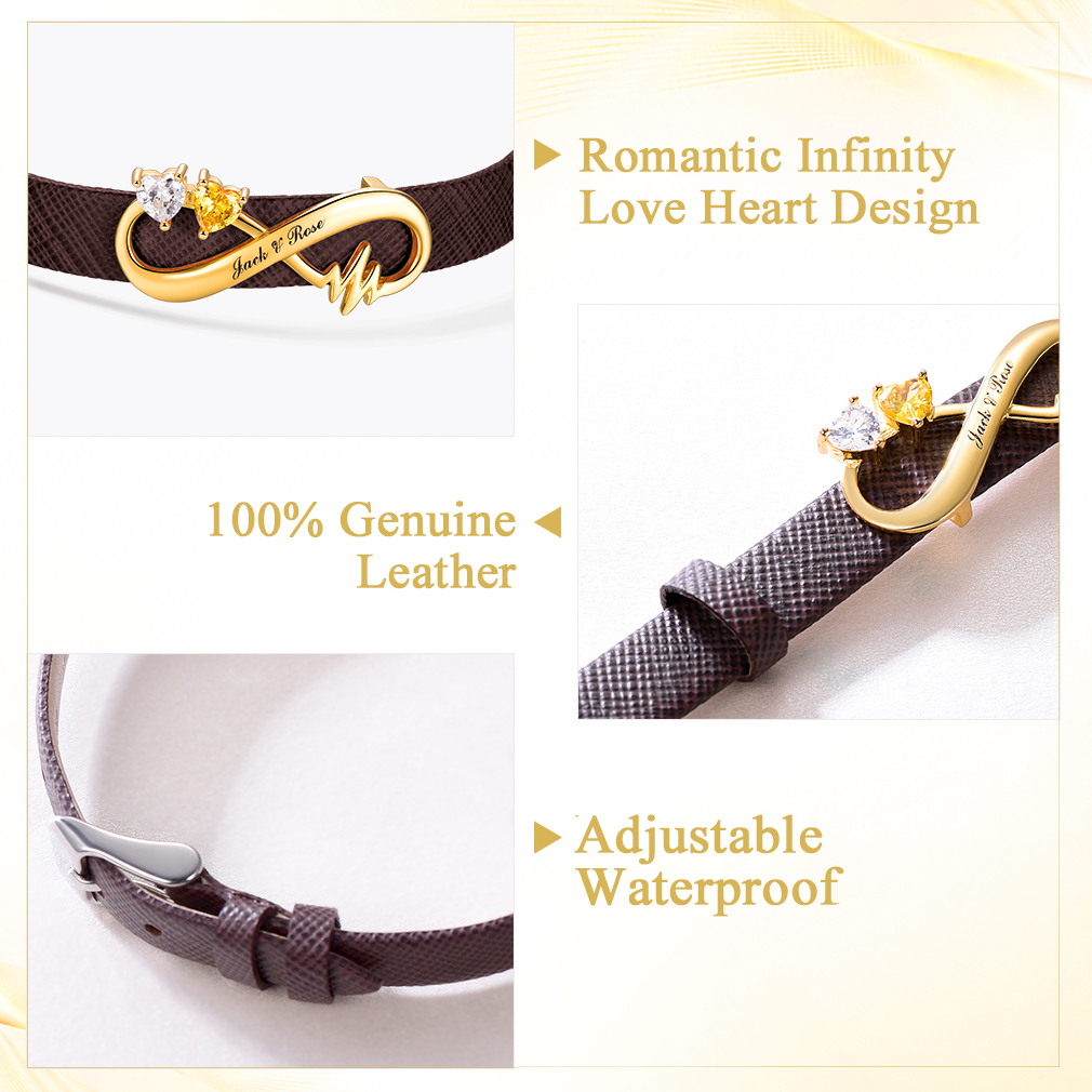 Custom Birthstone Engraved Name Infinity Leather Bracelet for Women detail