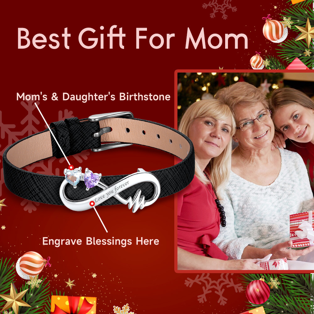 Custom Birthstone Engraved Name Infinity Leather Bracelet Christmas gift for Women