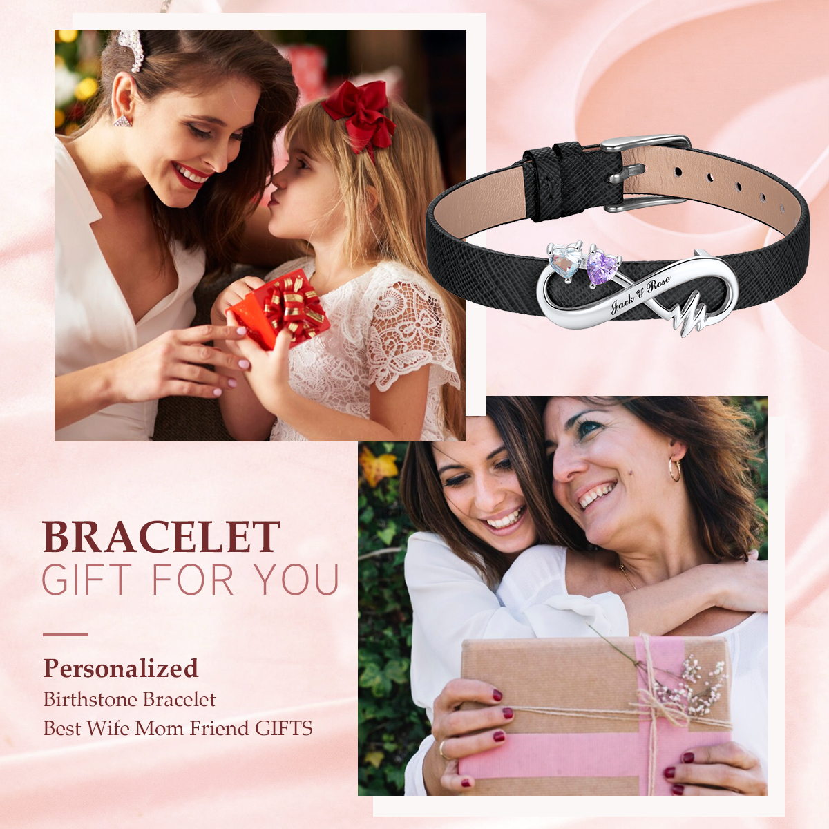 Custom Birthstone Engraved Name Infinity Leather Bracelet mom gift