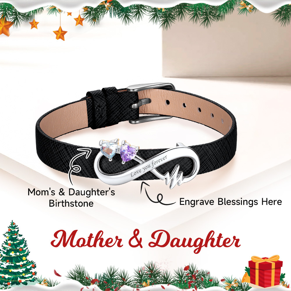 Custom Birthstone Engraved Name Infinity Leather Bracelet Gift for Mom