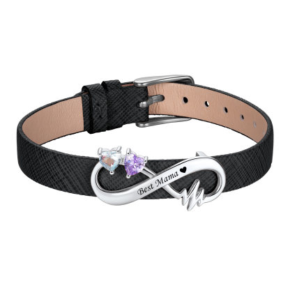 Custom Birthstone Engraved Name Infinity Leather Bracelet for Women silver