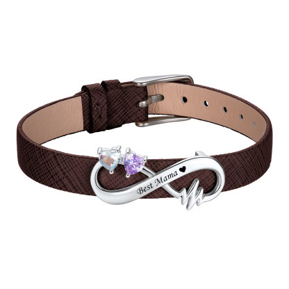 Custom Birthstone Engraved Name Infinity Leather Bracelet for Women