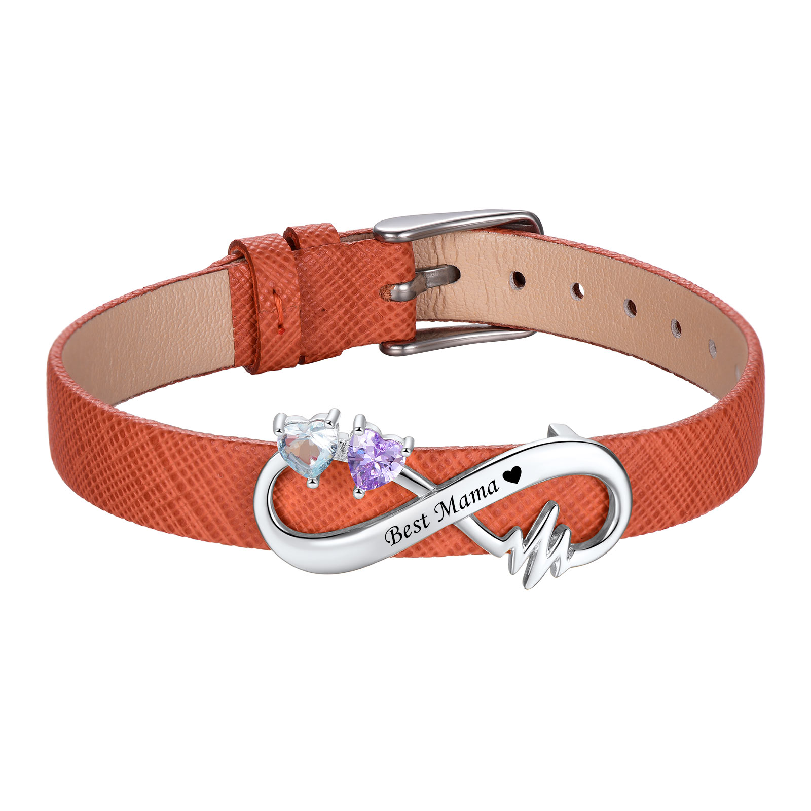 Custom Birthstone Engraved Name Infinity Leather Bracelet for Women