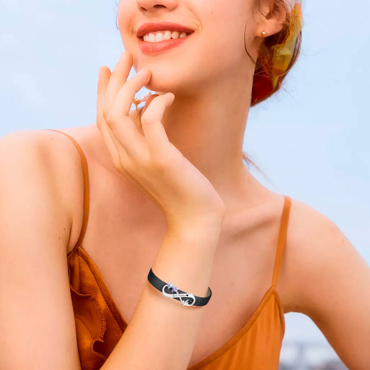 Custom Birthstone Engraved Name Infinity Leather Bracelet for Women model