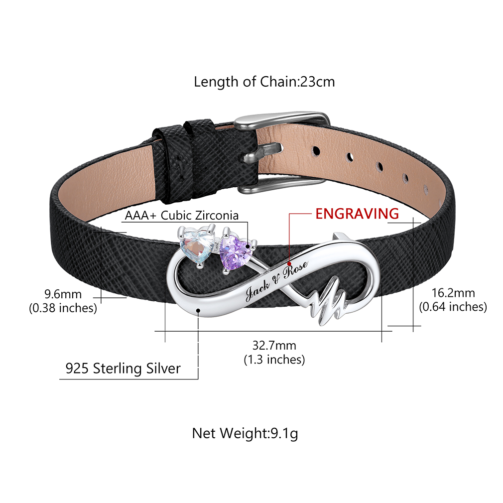 Custom Birthstone Engraved Name Infinity Leather Bracelet for Women size