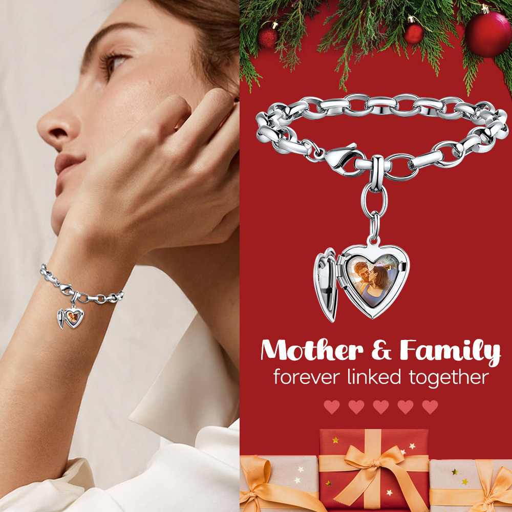 Custom Photo Personalized Engraved Heart Charm Bracelet  for mother