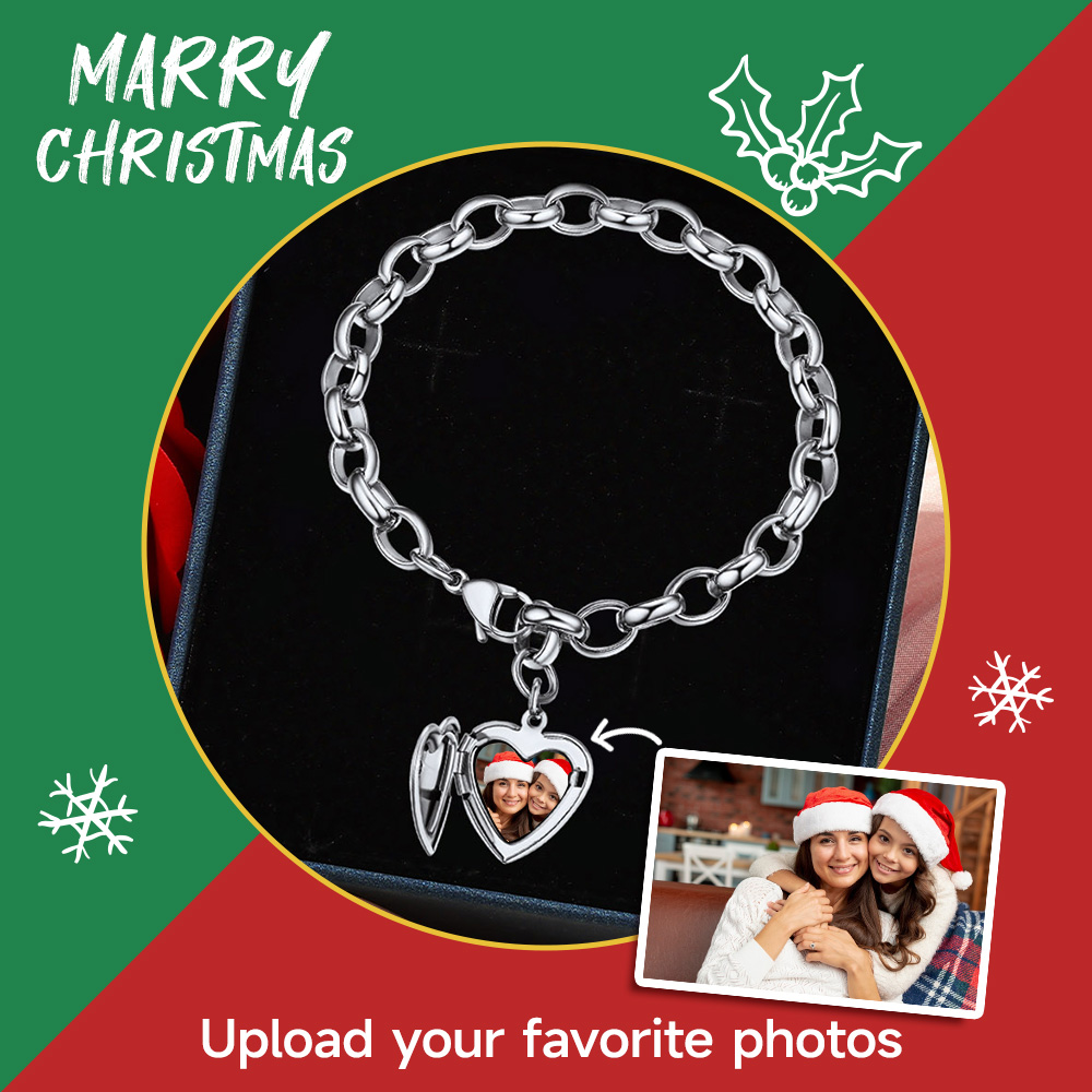 Custom Photo Personalized Engraved Heart Charm Bracelet Christmas 