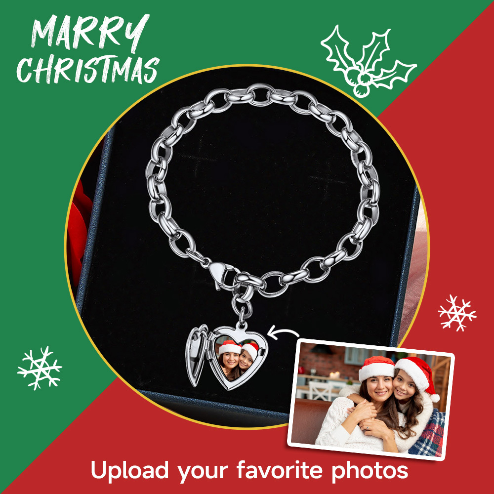 Custom Photo Personalized Engraved Heart Charm Bracelet Christmas 