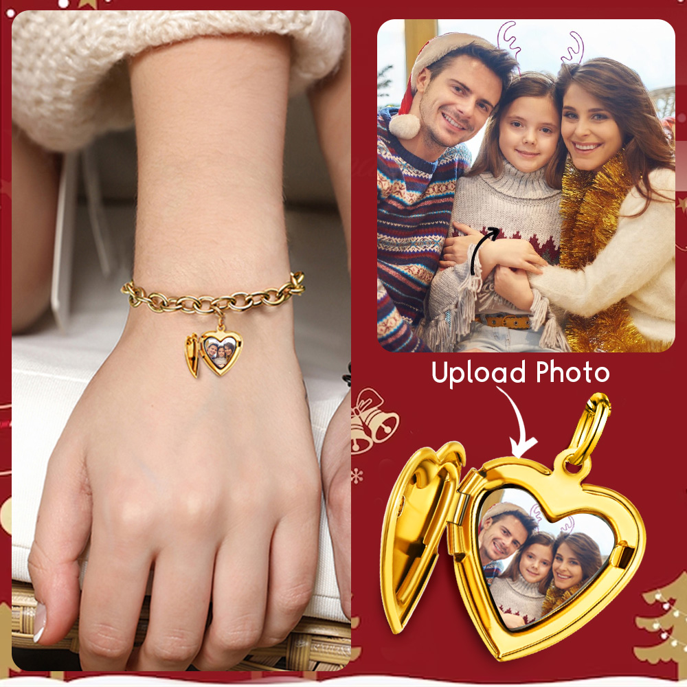 Custom Photo Personalized Engraved Heart Charm Bracelet for family