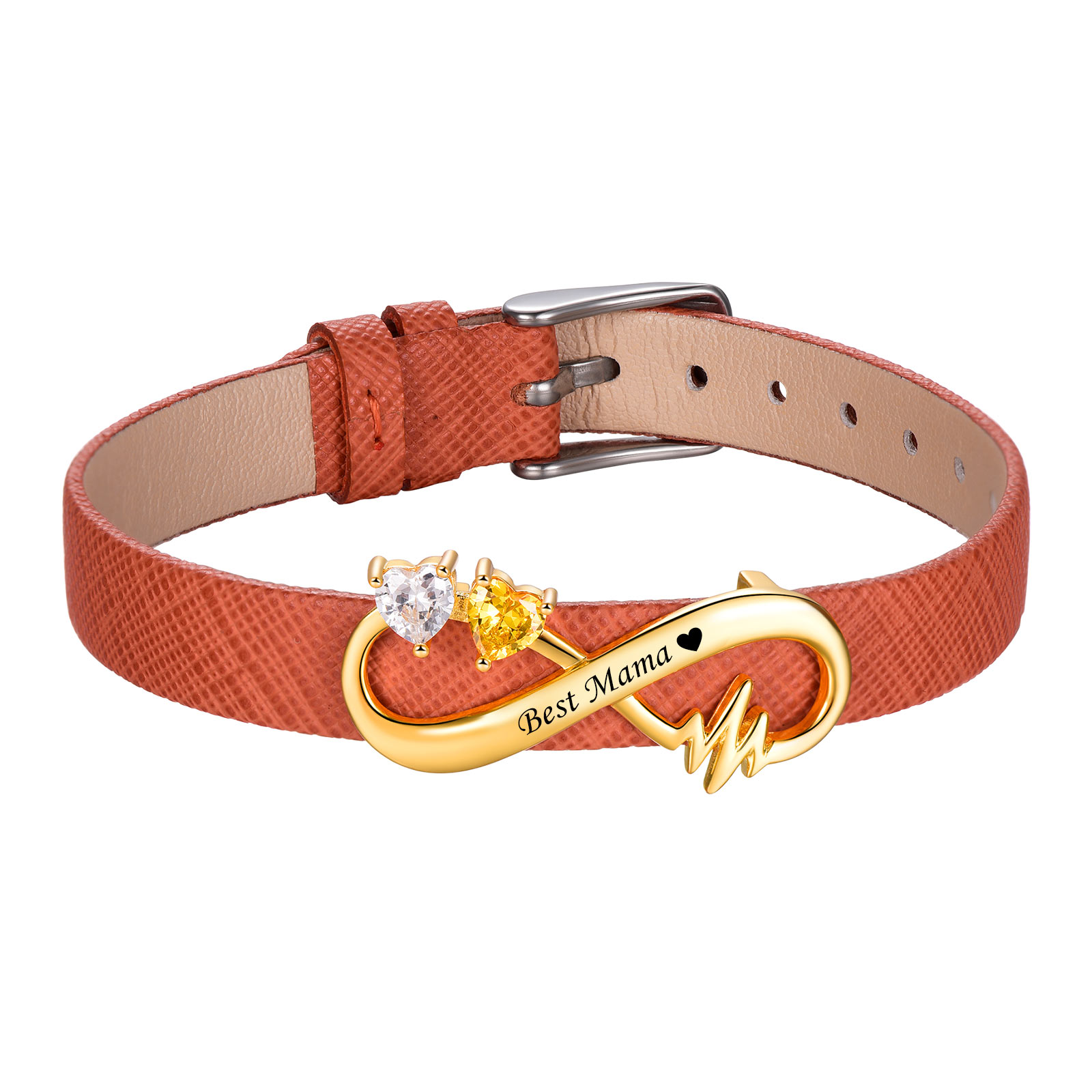 Custom Birthstone Engraved Name Infinity Leather Bracelet for Women