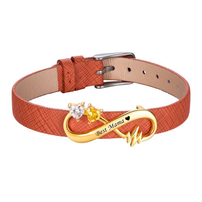 Custom Birthstone Engraved Name Infinity Leather Bracelet for Women